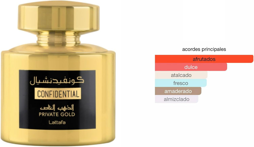Confidential Private Gold Original Parfum arabe unisexe de longue durée EDP avec atomiseur rechargeable 5 ml, parfum chypre, fruits avec notes de pêche, framboise et vanille