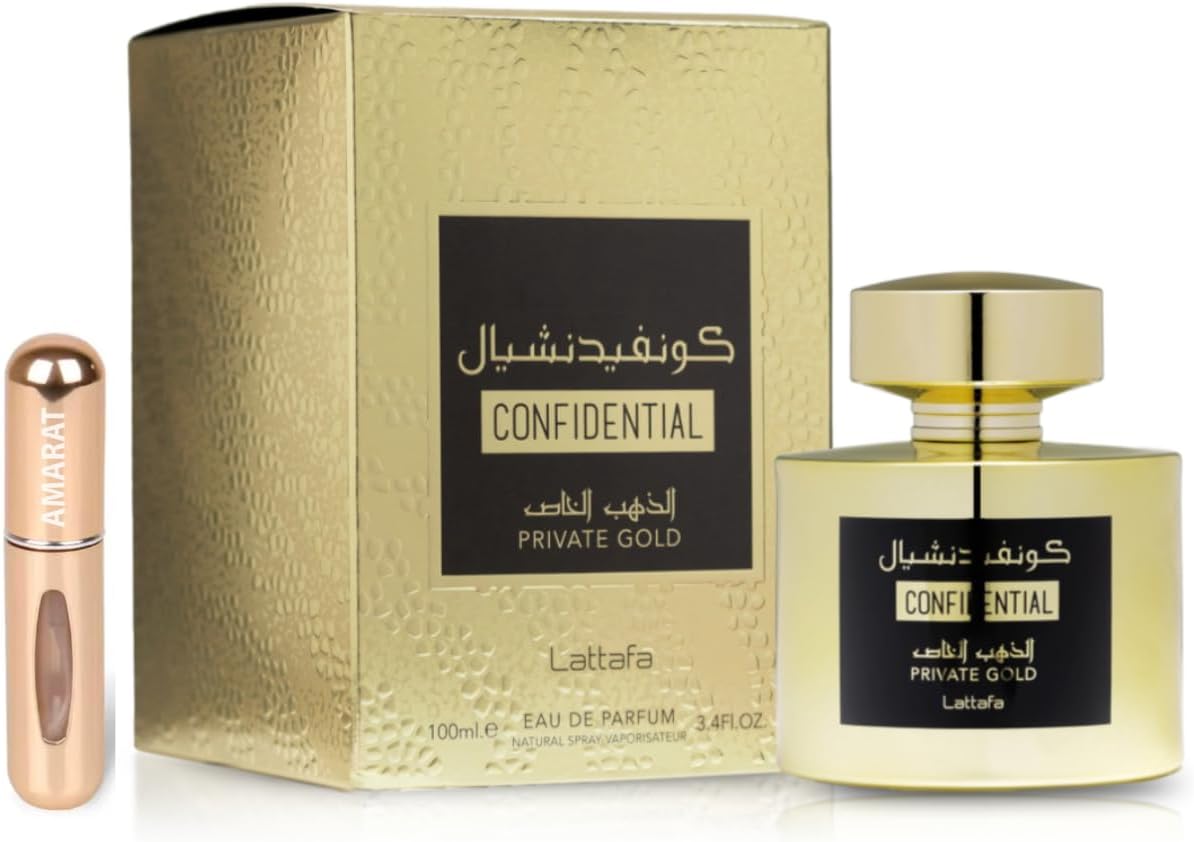 Confidential Private Gold Original Parfum arabe unisexe de longue durée EDP avec atomiseur rechargeable 5 ml, parfum chypre, fruits avec notes de pêche, framboise et vanille